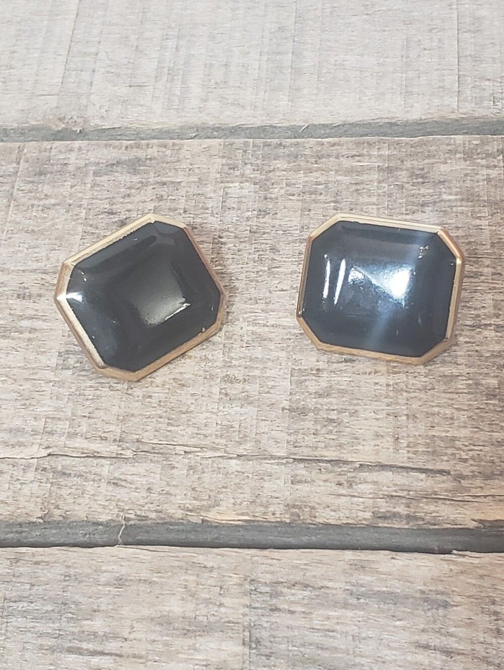 VINTAGE Large Glossy Black & Gold Clip On Earrings